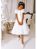 Short Puff Sleeves White Satin Tulle Flower Girl Dress